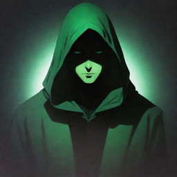 Anime style mysterious male character wearing a green magician's hood, face obscured in deep shadow, giving off a black aura.