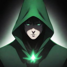 Anime style mysterious male character wearing a green magician's hood, face obscured in deep shadow, giving off a black aura.