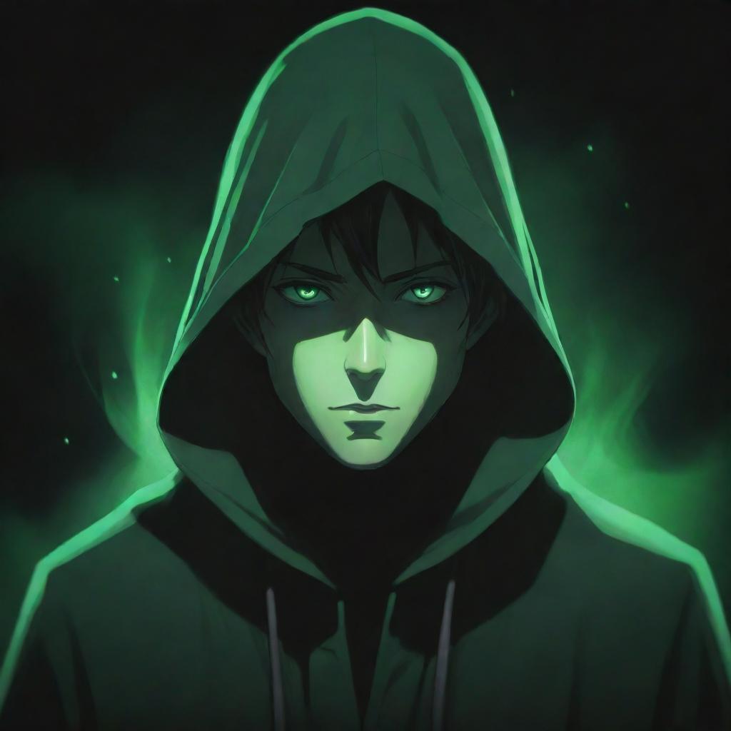 Anime style male character ensconced in a green magician's hood, face hidden in shadow, emanating a mystical aura of black and green.