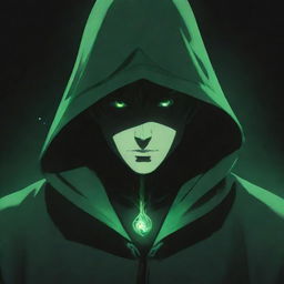 Anime style male character ensconced in a green magician's hood, face hidden in shadow, emanating a mystical aura of black and green.