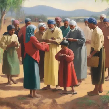 The artist's painting depicted a scene of good-hearted villagers coming together to help those in need.