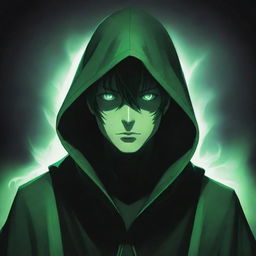 Anime style male character ensconced in a green magician's hood, face hidden in shadow, emanating a mystical aura of black and green.