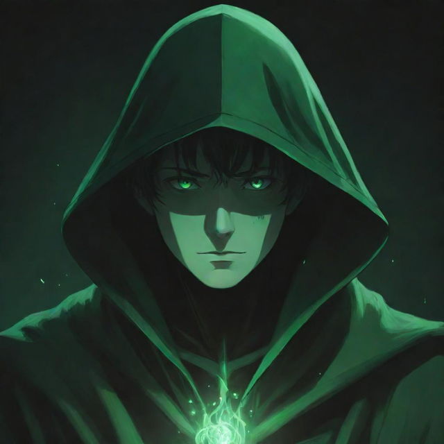 Anime style male character ensconced in a green magician's hood, face hidden in shadow, emanating a mystical aura of black and green.