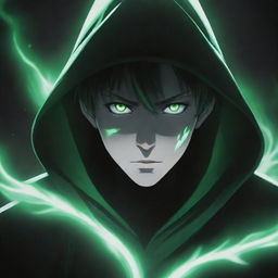 Anime-style male character in a green magician's hood, face shadowed but striking glowing white eyes piercing through the darkness, surrounded by a black and green aura.