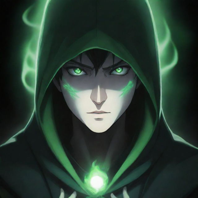 Anime-style male character in a green magician's hood, face shadowed but striking glowing white eyes piercing through the darkness, surrounded by a black and green aura.