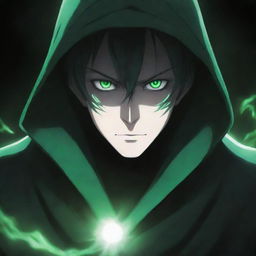 Anime-style male character in a green magician's hood, face shadowed but striking glowing white eyes piercing through the darkness, surrounded by a black and green aura.