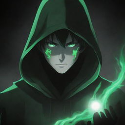 Anime-style male character in a green magician's hood, face shadowed but striking glowing white eyes piercing through the darkness, surrounded by a black and green aura.