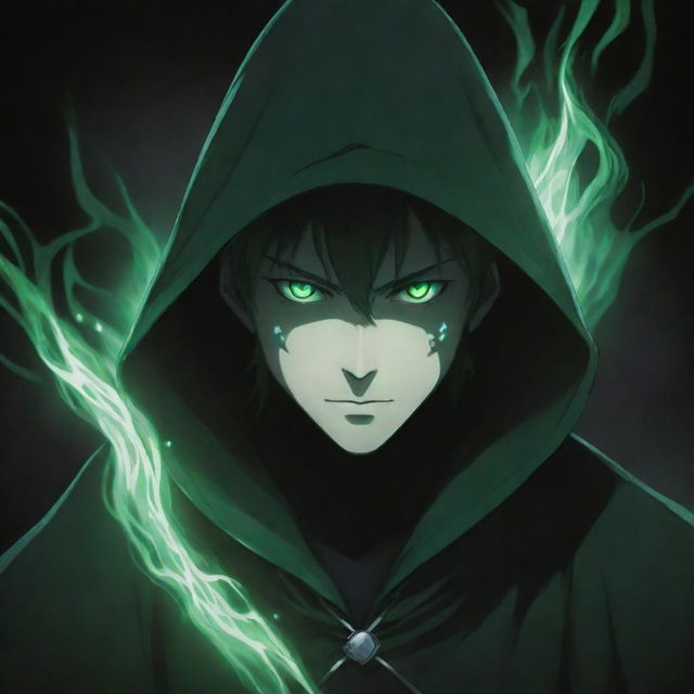 Anime-style male character in a green magician's hood, face shrouded in darkness, glowing white eyes piercing through, surrounded by a mixed aura of black and green.