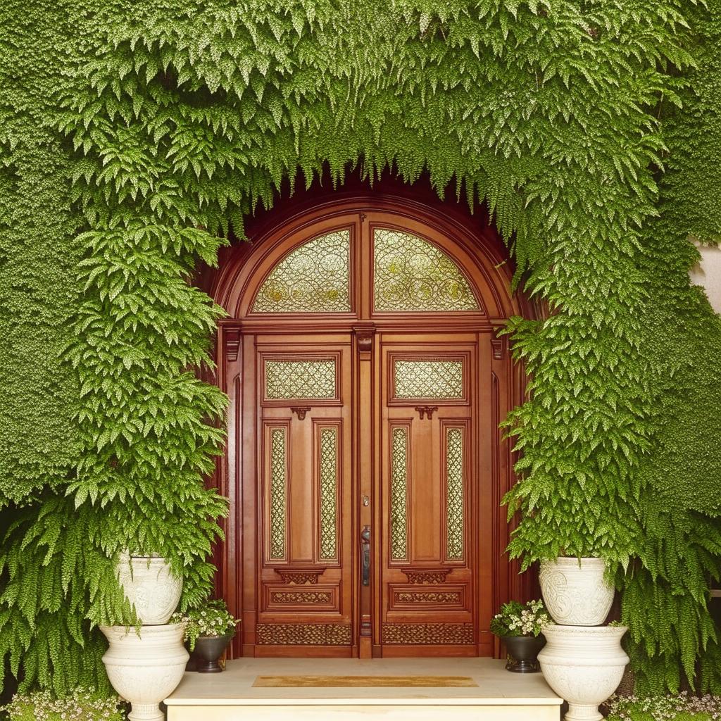 Grand, attractive building entrance with intricate designs, lush greenery, and elegant doors