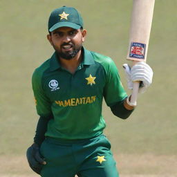 A realistic portrait of Babar Azam, the Pakistani cricketer, in action during a sunny cricket match.