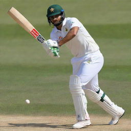 A realistic portrait of Babar Azam, the Pakistani cricketer, in action during a sunny cricket match.