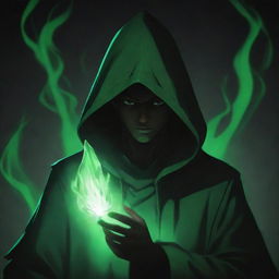 Anime style dark male character with a green magician's hood obscuring his face in shadow, emanating a black and green aura.