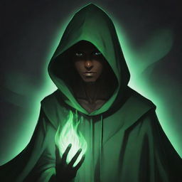 Anime style dark male character with a green magician's hood obscuring his face in shadow, emanating a black and green aura.