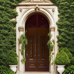 Grand, attractive building entrance with intricate designs, lush greenery, and elegant doors