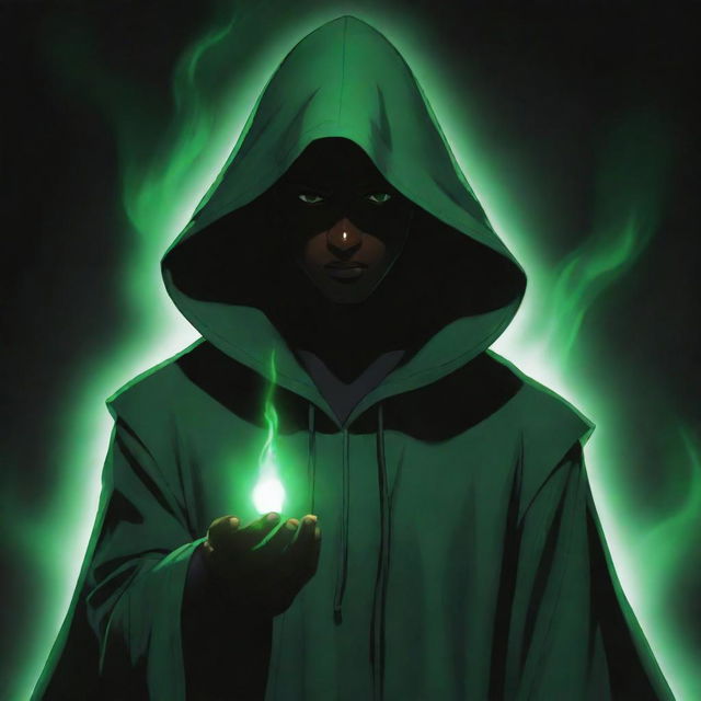 Anime style dark male character with a green magician's hood obscuring his face in shadow, emanating a black and green aura.