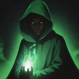 Anime style dark male character with a green magician's hood obscuring his face in shadow, emanating a black and green aura.