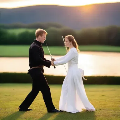 As the sun set, the couple enjoyed a lovely evening practicing fencing with their gleaming swords, creating a romantic atmosphere.