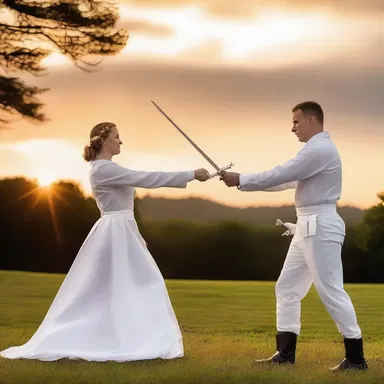 As the sun set, the couple enjoyed a lovely evening practicing fencing with their gleaming swords, creating a romantic atmosphere.