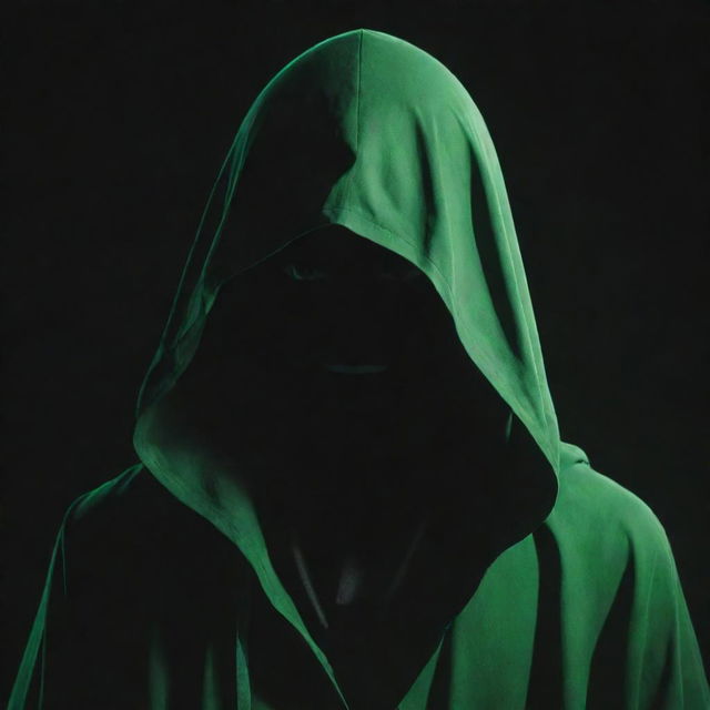 Anime style male character hidden in a green magician's hood, face concealed by shadow and emanating a dark black aura.