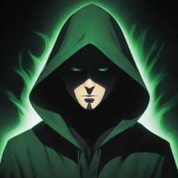 Anime style male character hidden in a green magician's hood, face concealed by shadow and emanating a dark black aura.