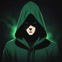 Anime style male character hidden in a green magician's hood, face concealed by shadow and emanating a dark black aura.