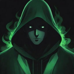 Anime style male character hidden in a green magician's hood, face concealed by shadow and emanating a dark black aura.