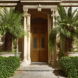 Grand, attractive building entrance with intricate designs, lush greenery, and elegant doors