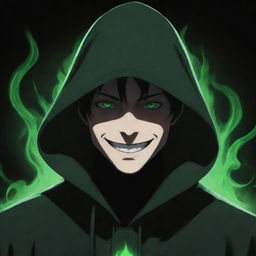 Anime-style male with a mnysterious smile, hidden under a green magician's hood, face shadowed, and surrounded by a dark black aura.