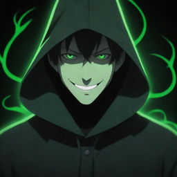 Anime-style male with a mnysterious smile, hidden under a green magician's hood, face shadowed, and surrounded by a dark black aura.