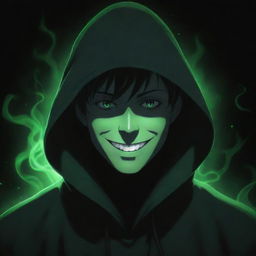 Anime-style male with a mnysterious smile, hidden under a green magician's hood, face shadowed, and surrounded by a dark black aura.