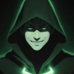 Anime-style male with a mnysterious smile, hidden under a green magician's hood, face shadowed, and surrounded by a dark black aura.