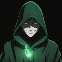 Anime-style male character with an evil smile, hidden under a green magician's hood, face concealed in shadow, surrounded by a sinister black aura.