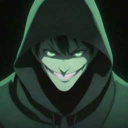 Anime-style male character with an evil smile, hidden under a green magician's hood, face concealed in shadow, surrounded by a sinister black aura.