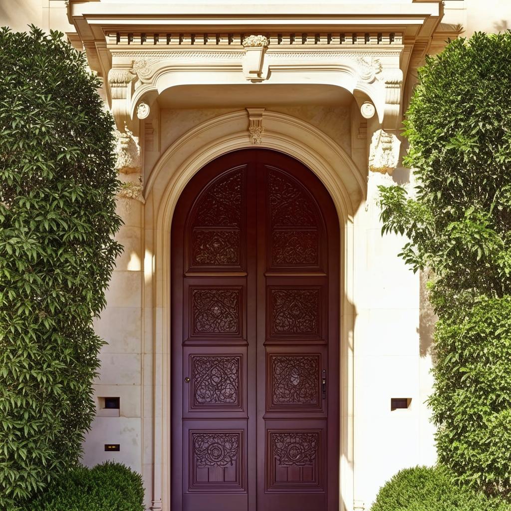 Grand, attractive building entrance with intricate designs, lush greenery, and elegant doors