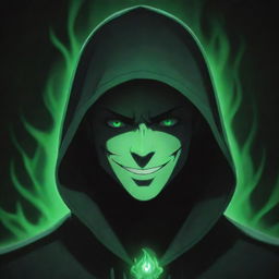 Anime-style male character with an evil smile, hidden under a green magician's hood, face concealed in shadow, surrounded by a sinister black aura.