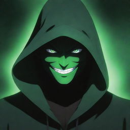 Anime-style male character with an evil smile, hidden under a green magician's hood, face concealed in shadow, surrounded by a sinister black aura.