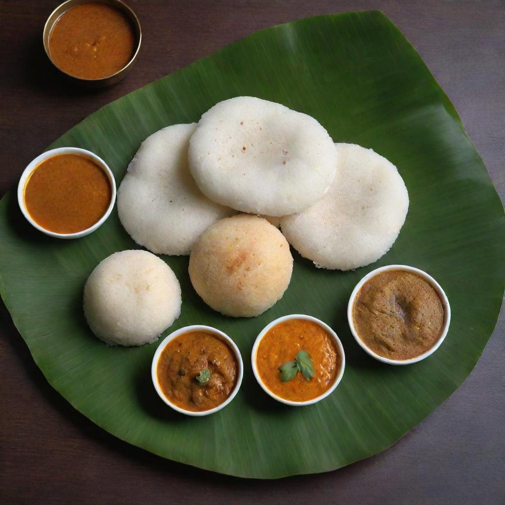 A picturesque display of South Indian cuisine featuring fluffy idlis, crispy dosa, spicy sambar and piquant chutney, served on a traditional banana leaf.