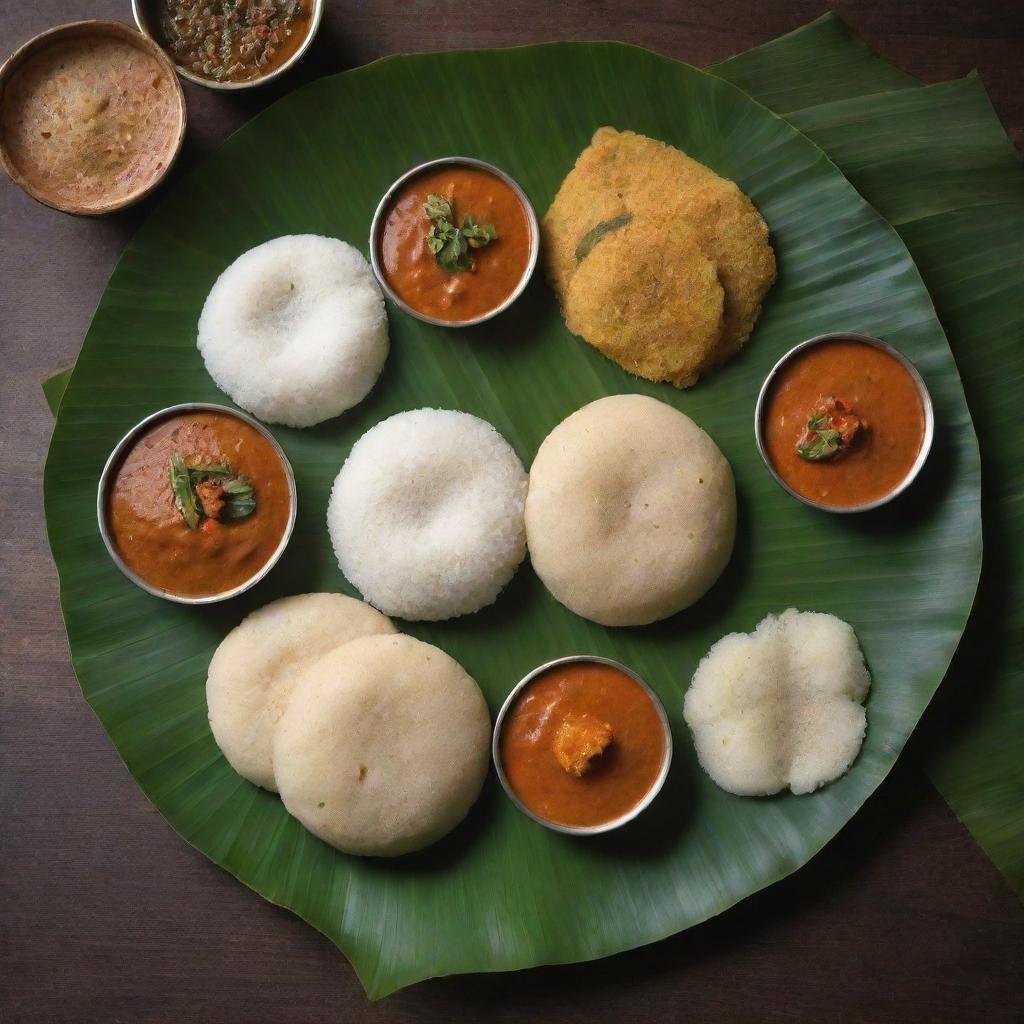 A picturesque display of South Indian cuisine featuring fluffy idlis, crispy dosa, spicy sambar and piquant chutney, served on a traditional banana leaf.