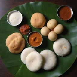 A picturesque display of South Indian cuisine featuring fluffy idlis, crispy dosa, spicy sambar and piquant chutney, served on a traditional banana leaf.