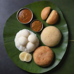 A picturesque display of South Indian cuisine featuring fluffy idlis, crispy dosa, spicy sambar and piquant chutney, served on a traditional banana leaf.