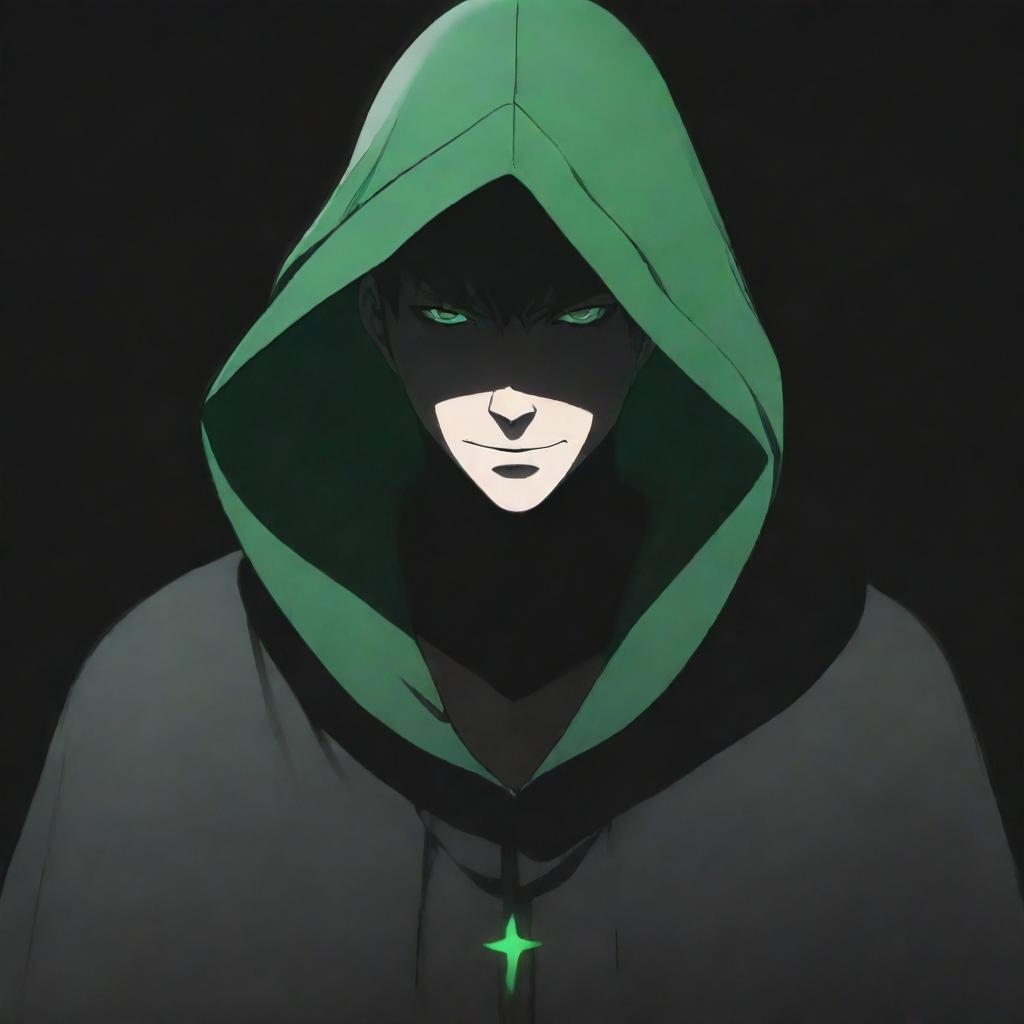 Anime-style male character wearing a green magician's hood, his face buried in shadow with just a small evil smile visible, radiating a dark black aura.