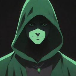 Anime-style male character wearing a green magician's hood, his face buried in shadow with just a small evil smile visible, radiating a dark black aura.