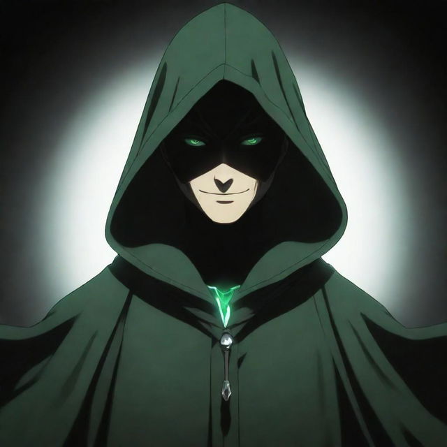 Anime-style male character wearing a green magician's hood, his face buried in shadow with just a small evil smile visible, radiating a dark black aura.