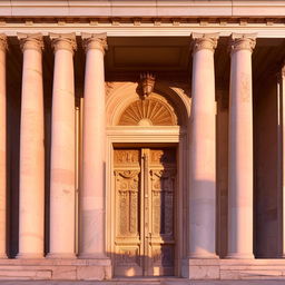 Elegant neoclassical building entrance, featuring Ionic columns, elaborate friezes, and imposing bronze doors, bathed in warm, golden-hour light.