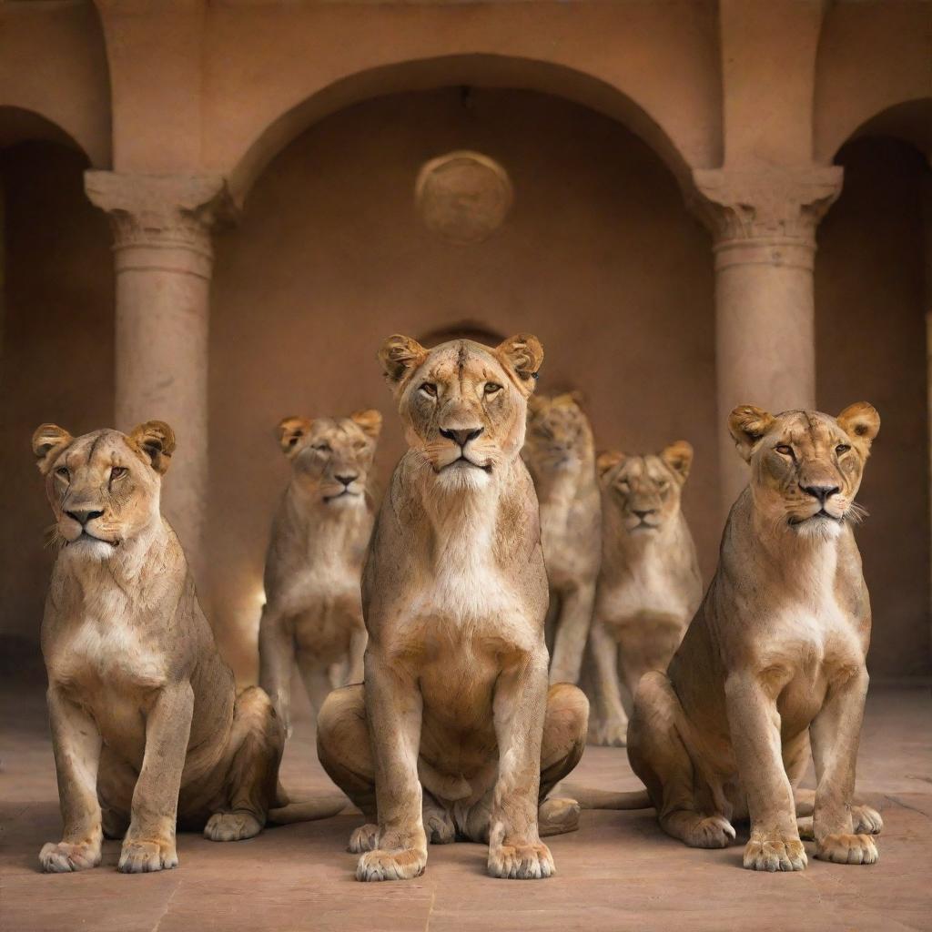 Generate an image depicting a 'lioness guild'. It features a group of powerful and majestic lionesses in a decorated, torch-lit meeting hall, symbolizing strength, unity and leadership. Various significant guild artifacts should also be present.