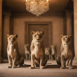 Generate an image depicting a 'lioness guild'. It features a group of powerful and majestic lionesses in a decorated, torch-lit meeting hall, symbolizing strength, unity and leadership. Various significant guild artifacts should also be present.