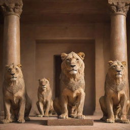 Generate an image depicting a 'lioness guild'. It features a group of powerful and majestic lionesses in a decorated, torch-lit meeting hall, symbolizing strength, unity and leadership. Various significant guild artifacts should also be present.