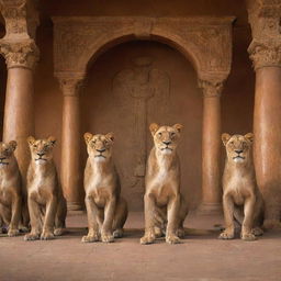 Generate an image depicting a 'lioness guild'. It features a group of powerful and majestic lionesses in a decorated, torch-lit meeting hall, symbolizing strength, unity and leadership. Various significant guild artifacts should also be present.