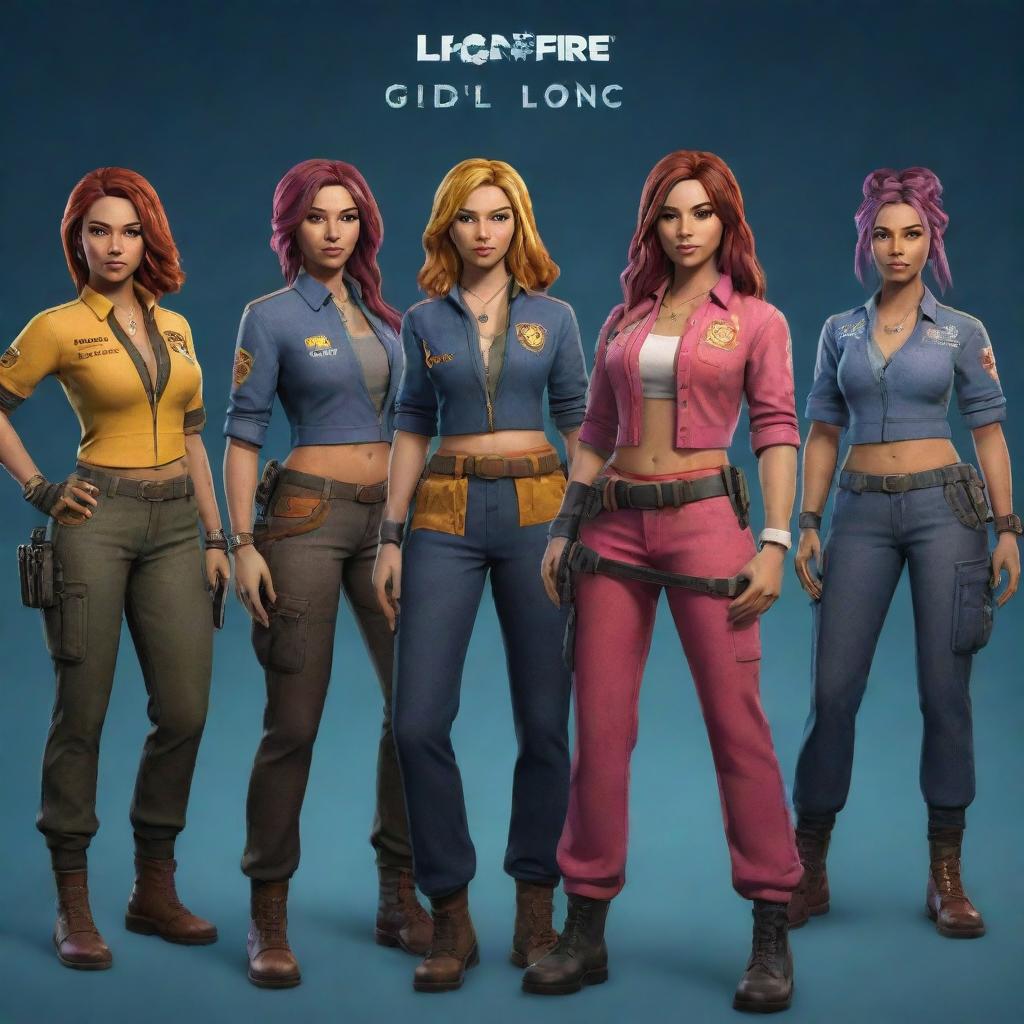 Generate an image of a 'Lion Guild Girls' team from the Free Fire game. This includes characters in colorful, distinctive gear representative of the game, identifying themselves as the 'Lion Guild.' Set within a vibrant and intense gaming environment.