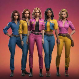 Generate an image of a 'Lion Guild Girls' team from the Free Fire game. This includes characters in colorful, distinctive gear representative of the game, identifying themselves as the 'Lion Guild.' Set within a vibrant and intense gaming environment.